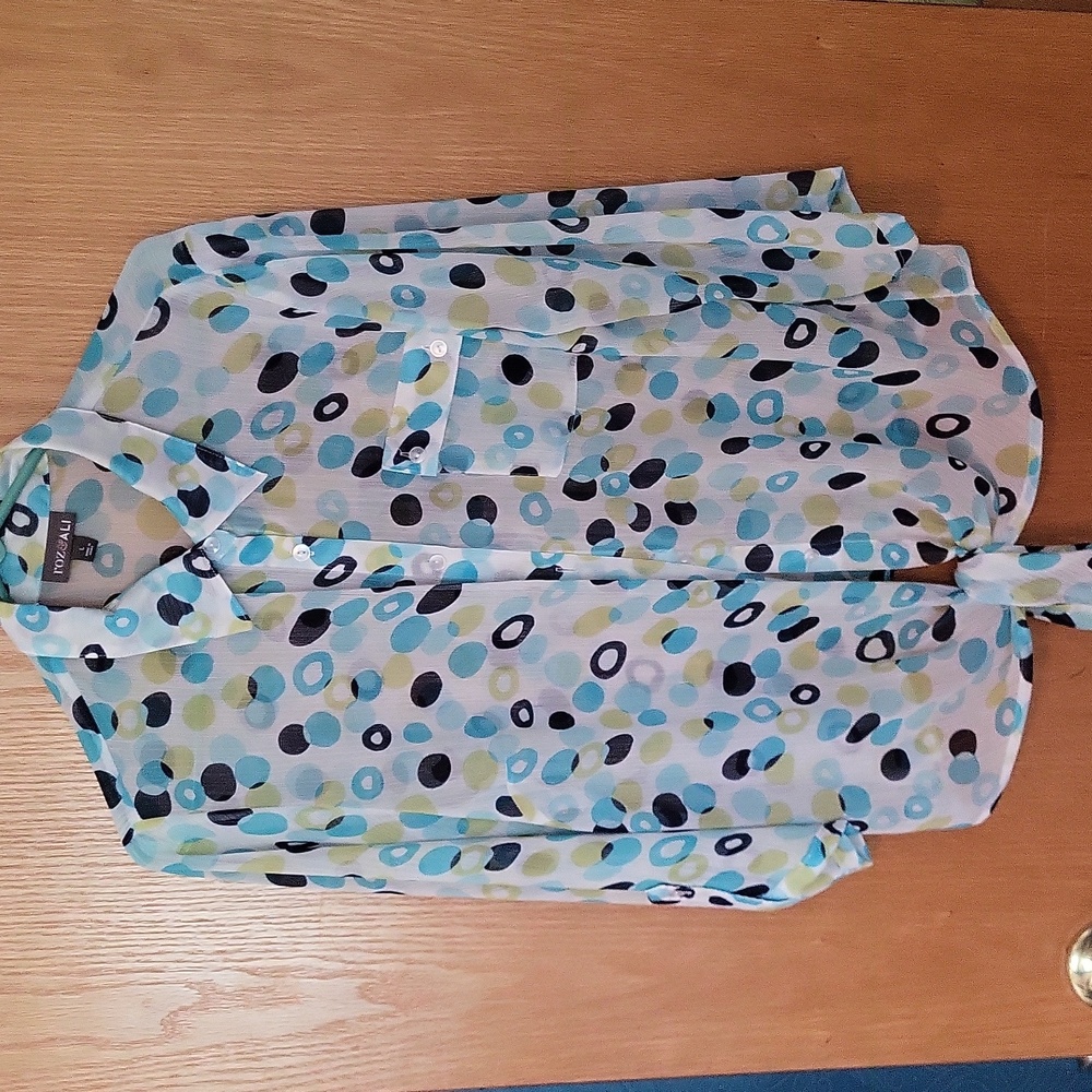 Button down tie front blouse 3/4 sleeves button strap,or not. Navy,aqua lime dot